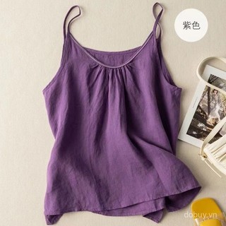 2025 Mùa hè mới áo camisole cotton lanh pha trộn màu sắc đồng nhất, kiểu dáng retro nghệ thuật, nhẹ, vừa vặn, tôn dáng