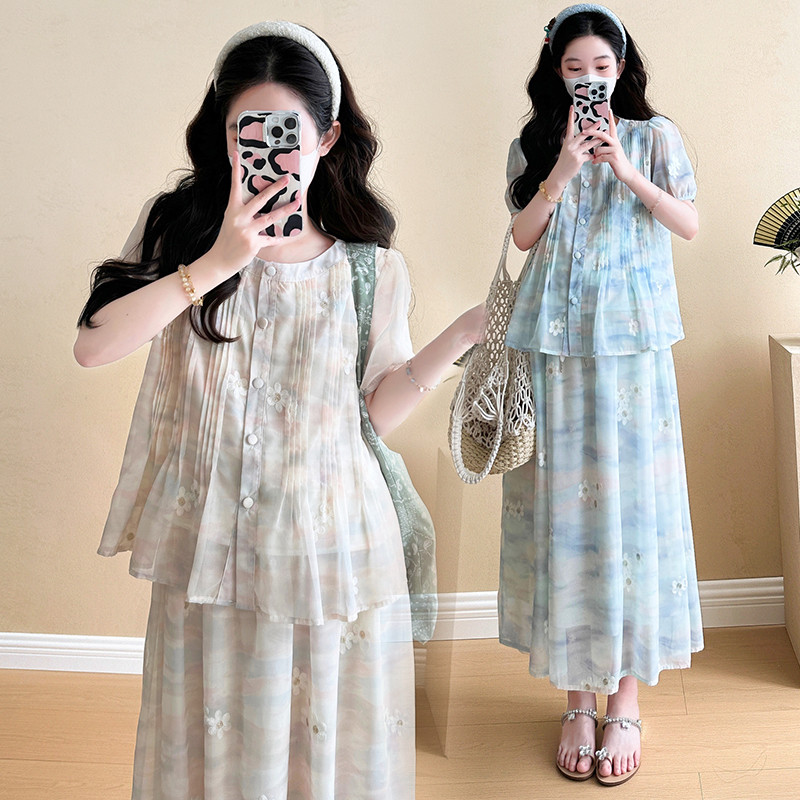 Bộ đồ bà bầu Mùa hè Áo sơ mi hoa phong cách mới + Váy Bộ đồ hai mảnh