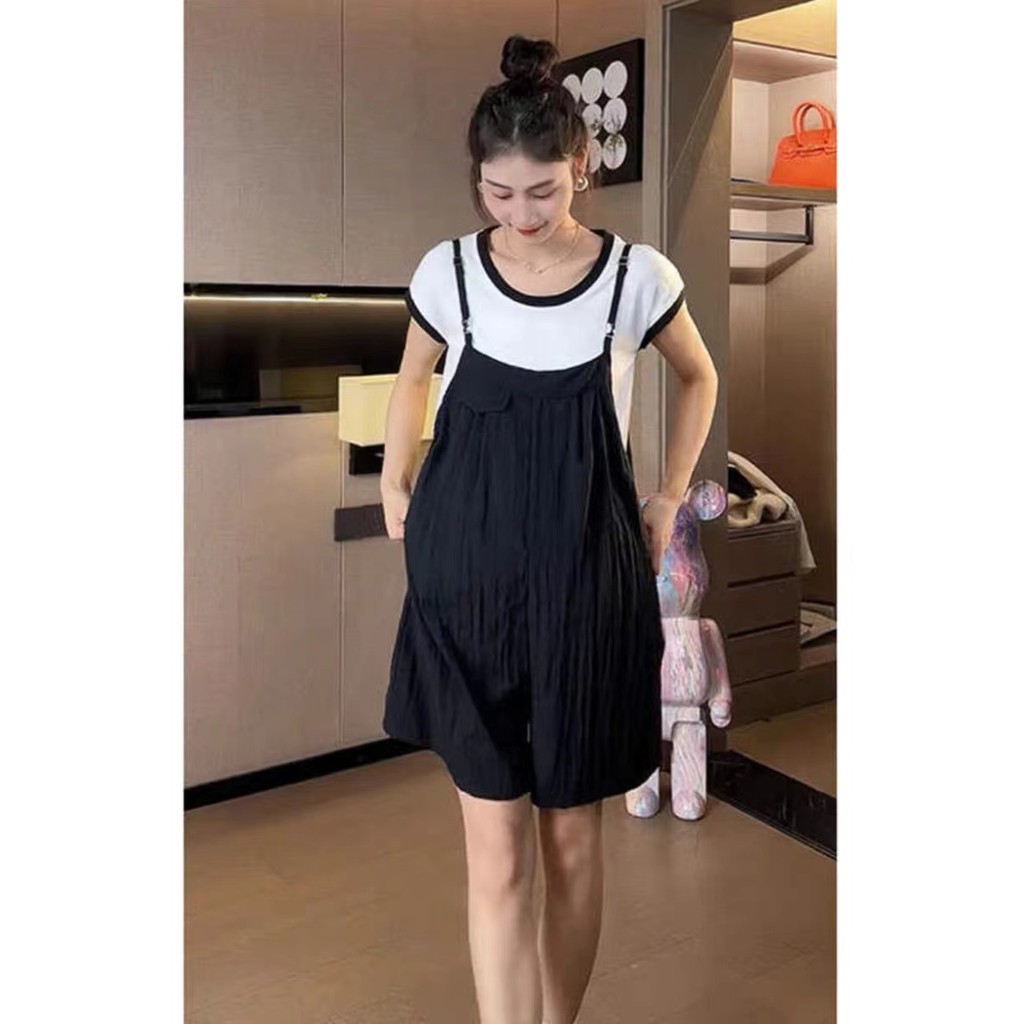 Bộ đồ bà bầu Mùa hè Phong cách mới Thời trang Màu sắc tương phản Áo thun ngắn tay + Quần yếm Bộ đồ hai mảnh