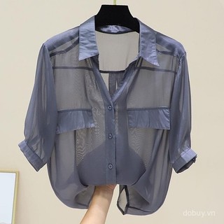 Thiết kế cảm giác niche áo chiffon ngắn tay cho phụ nữ mùa hè hơi trong suốt phong cách nhỏ áo bảo vệ cổ xương đòn cẩn thận