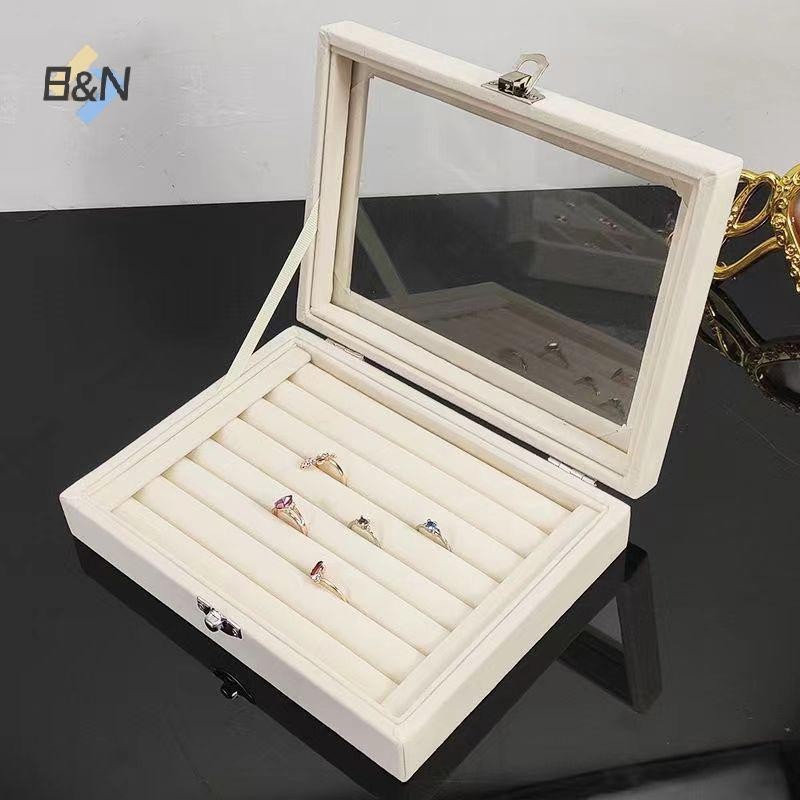 Hộp đựng nhẫn nhung B&N, trưng bày trang sức, nắp lật trong suốt chống bụi