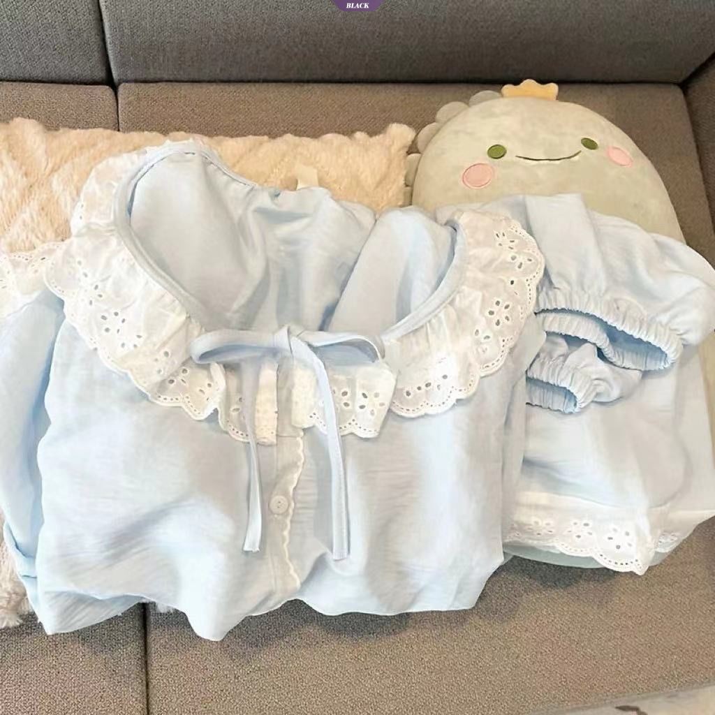 Bộ Đồ Ngủ Phong Cách Công Chúa Nữ Mùa Hè Mới Quần Short Tay Ngắn Ren Ngọt Ngào Học Sinh Bộ Đồ Gia Đình Giá Trị Cao [BL]
