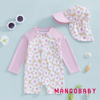 MG-Toddler Girl Áo tắm dài tay in hoa / Flamingo nửa dây kéo chống đóng cọc Rash Guard Đồ bơi Sunhat Set