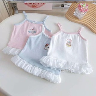 Áo thun camisole mùa hè ngọt ngào cho bé gái, áo vest ren không tay thêu hoạt hình cho trẻ em