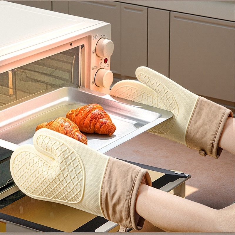 Găng tay lò nướng chịu nhiệt bằng silicon và Cotton có tay cầm chống trượt - Chiều dài mở rộng để nướng, nướng và sử dụng trong nhà bếp (1 đôi)