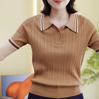 Mùa Hè 2025 Phong Cách Mới Tương Phản Màu Áo Polo Cổ Dệt Kim Ngắn Tay Áo Thun Nữ Thường Ngày Plus Size Top
