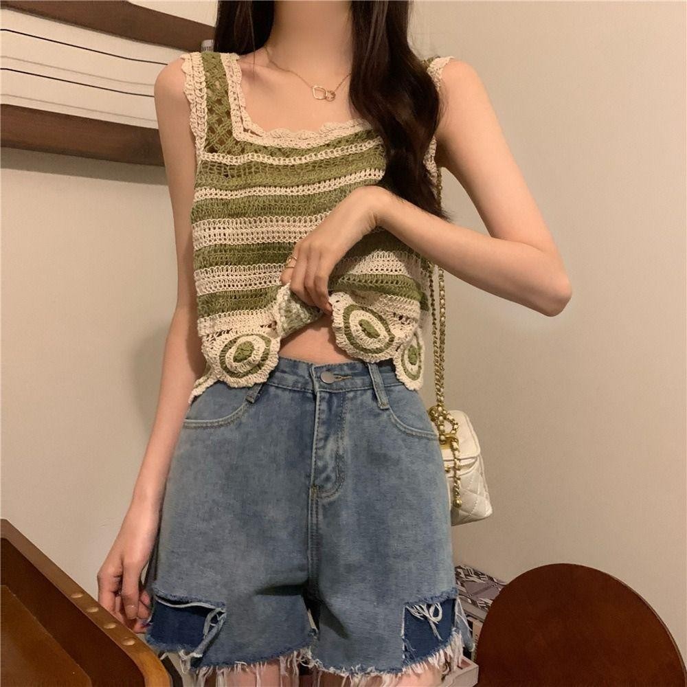 Áo Crop top AWNGD, Áo Vest dệt kim không tay cổ điển, họa tiết thêu thời trang Móc ngắn thanh lịch Bohemia