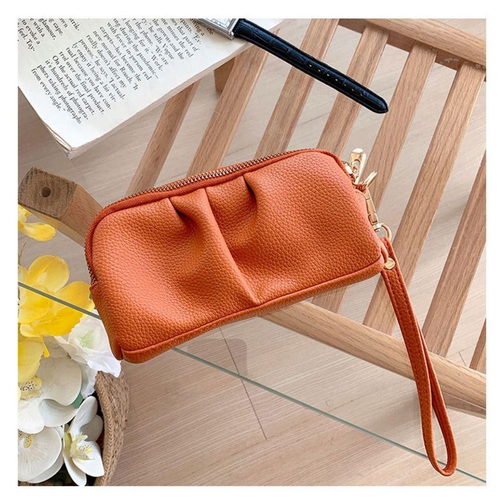 Ví dài nữ HOBBYIN, Túi điện thoại du lịch dung tích lớn màu trơn, Túi xách da PU có dây kéo hai lớp di động