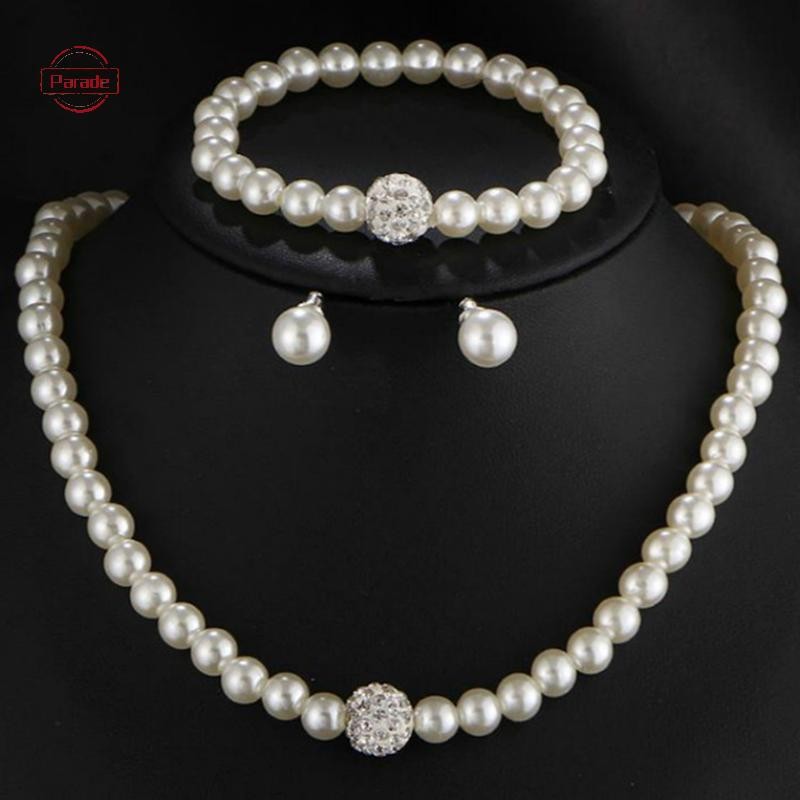 Diễu Hành 3in1 Bộ Nữ Cưới Kim Cương Giả Ngọc Trai Vòng Cổ Vòng Tay Bông Tai Dự Tiệc Trang Sức Quà Tặng VN