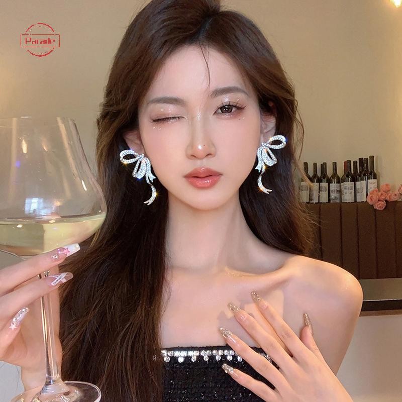 Diễu Hành 1 Full Kim Cương Giả Nơ Mặt Dây Chuyền Bông Tai Nữ Phóng Đại Thanh Lịch Nơ Dài sel Bông Tai Trang Sức VN
