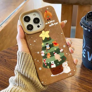 Vỏ Cây Giáng Sinh Dễ Thương Cho OPPO Find X8 5G X8 Pro 5G Reno 13 Pro 11 Pro 9 6 Pro 5G Realme GT7 Pro 5G Màu Nâu Kết Cấu Sang Trọng Vỏ Điện Thoại Hoạt Hình Gấu Chim Cánh Cụt Chống Rơi Bìa Mềm