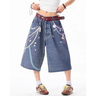 GKSSS Quần short denim nam kiểu Mỹ cổ điển dáng rộng phong cách hip-hop giản dị in dây chuyền màu phong cách trung tính