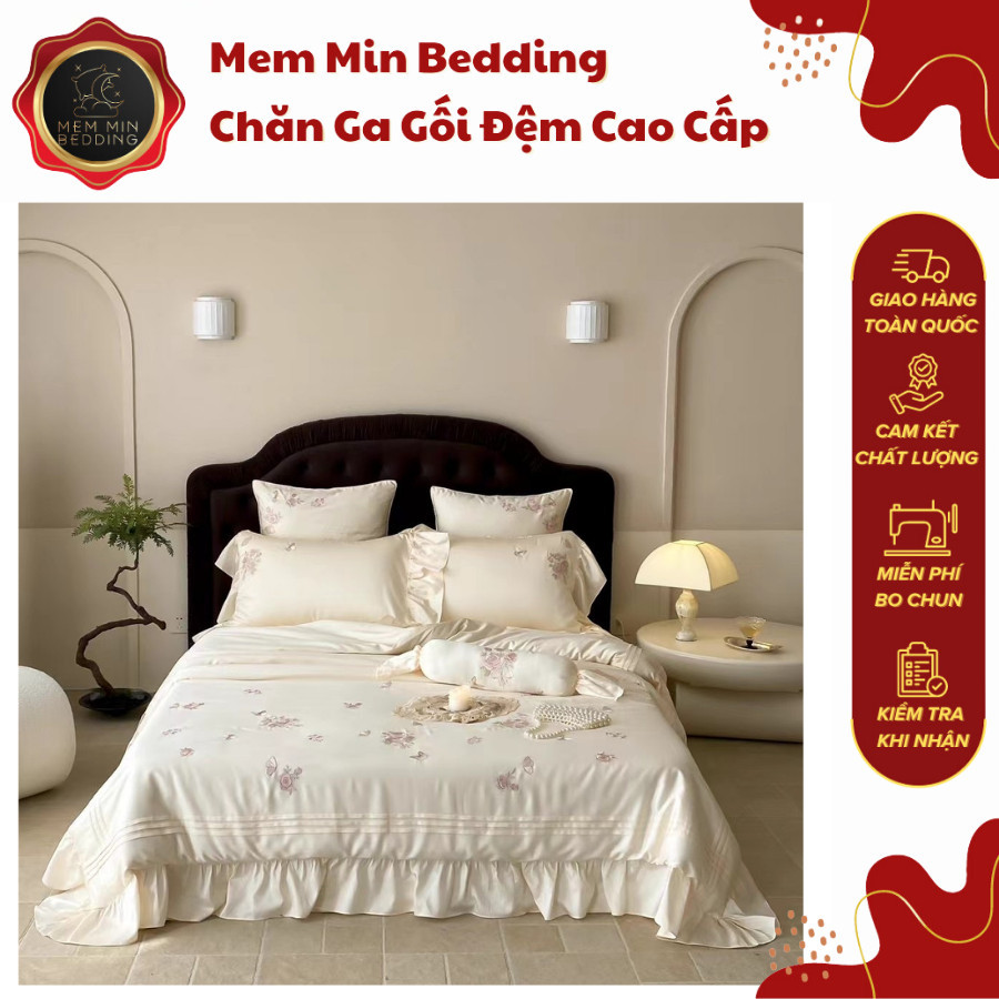 (L41490) Bộ Chăn Ga Gối Chất Liệu Tencel 60s Mềm Mại Thêu Hoa Nổi Tinh Xảo Bèo Rủ Nhẹ Nhàng - MemMinbedding Luxury