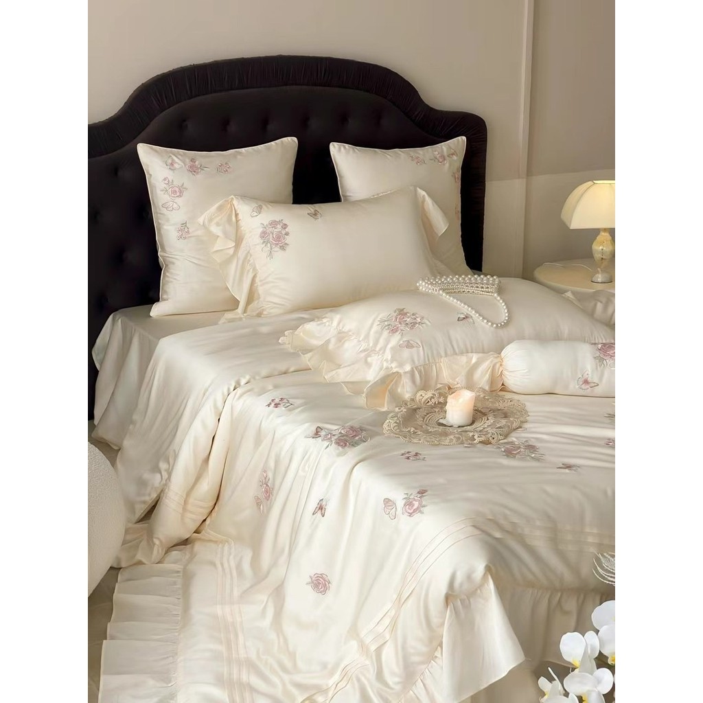 (L41490) Bộ Chăn Ga Gối Chất Liệu Tencel 60s Mềm Mại Thêu Hoa Nổi Tinh Xảo Bèo Rủ Nhẹ Nhàng - MemMinbedding Luxury