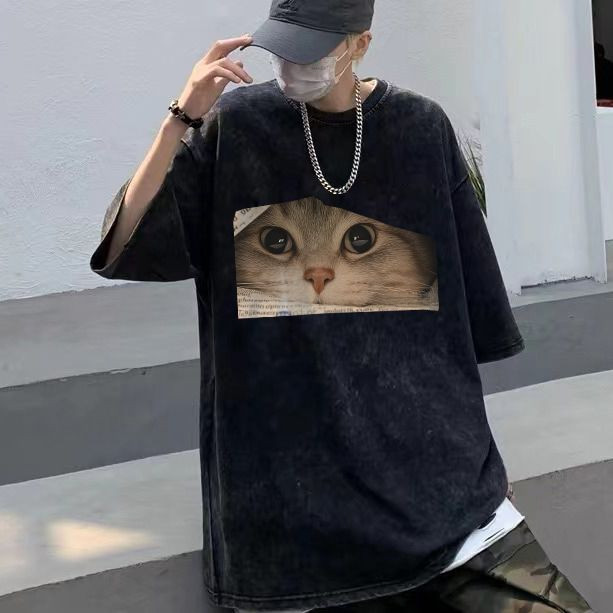 Pure Cotton Washed Vintage Short Sleeve T-Shirt Couple Summer Cat Print Loose Short Sleeve Top