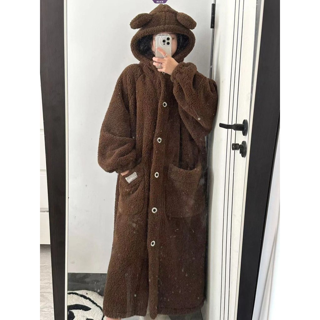 Bộ đồ ngủ nhung san hô có giá trị cao Nữ mùa thu đông Đệm dày Flannel ấm áp Áo choàng trùm đầu dài vừa phải [BL]