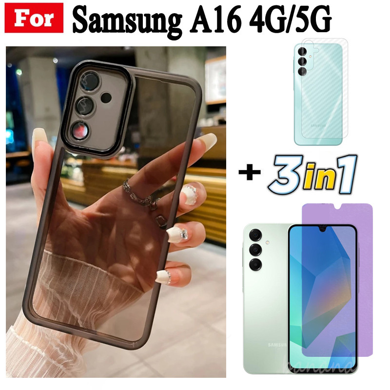 Ốp điện thoại trong suốt silicon mềm TPU 3 trong 1 Samsung A16 A06 có Camera bảo vệ mặt sau + Kính cường lực bảo mật + Phim mặt sau
