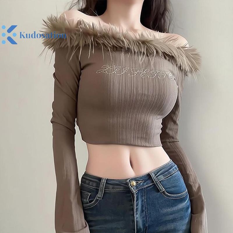 Kudosation Nữ Crop Top Gợi Cảm Tinh Khiết Khát Vọng Lông Thú Cổ Áo Thun Dài Tay Mỏng Đẹp