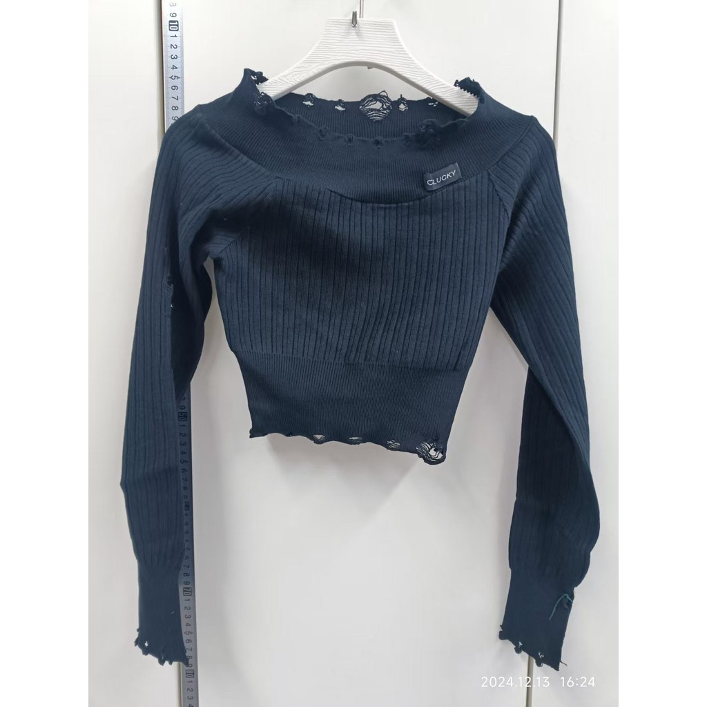 Milyfashion Hồng Kông Hương Vị Cao Cấp Crop Ngắn Tay Dài Dệt Kim Không Đều Rách Tua Rua Ngắn Top Bé tee