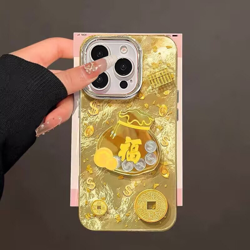 Tết Nguyên Đán Túi May Mắn Tiền 3D Dành Cho IPhone 11 12 13 14 15 16 Pro MAX Plus 8 7 6 6S Plus X XR XS MAX Vỏ Lông Vũ Laser Rượu Vang Đỏ Vàng Silicon Mềm Chống Rơi