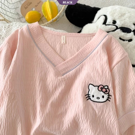 Hoạt Hình Hello Kitty Bộ Đồ Ngủ Nữ Mùa Hè Ngắn Tay Quần Short Cổ Chữ V Giải Trí Mặc Ở Nhà [BL]