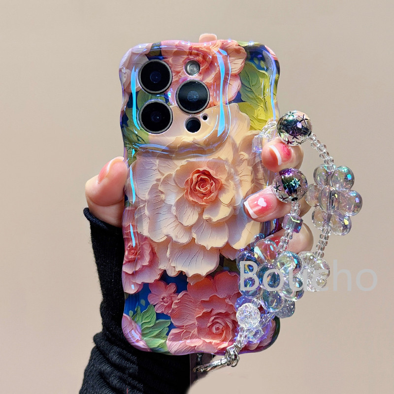 Dành Cho iPhone 16 15 14 14 plus 13 12 11 Pro Max Tranh Sơn Dầu Hoa Ốp Lưng Điện Thoại Có Dây Xích Cho iPhone 16 Pro Max 12promax Mềm IMD Chống Sốc Ốp Lưng Vồng Khung