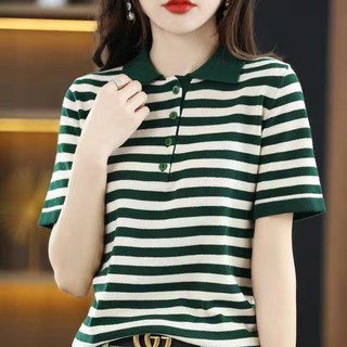 [Thân thiện với làn da tinh tế] polo Ve áo lụa băng ngắn tay nữ mùa hè Áo thun sọc màu phong cách mới