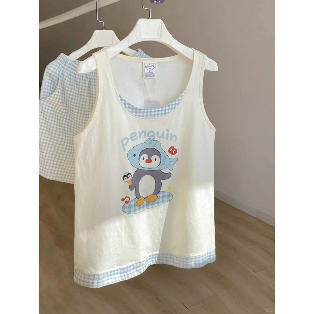 Bộ Đồ Ngủ Mùa Hè Nữ 2025 Mới Vest Quần Short Phù Hợp Với Hoạt Hình Dễ Thương Chim Cánh Cụt Giải Trí Mặc Ở Nhà [BL]