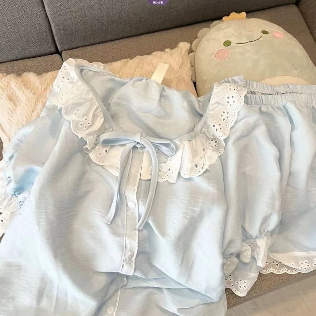 Bộ Đồ Ngủ Phong Cách Công Chúa Nữ Mùa Hè Mới Quần Short Tay Ngắn Ren Ngọt Ngào Học Sinh Bộ Đồ Gia Đình Giá Trị Cao [BL]
