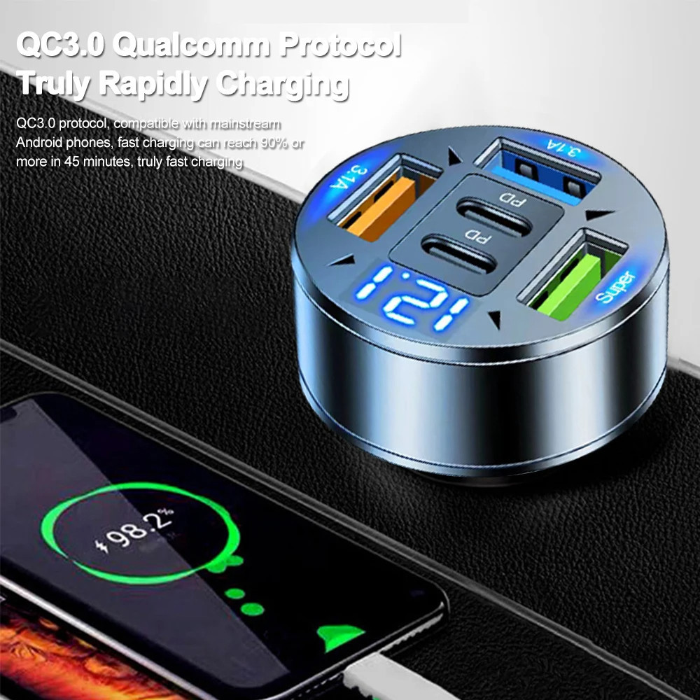 [Cáp sạc 3 trong 1 miễn phí] Bộ sạc xe hơi 25W 5 cổng Sạc nhanh PD QC3.0 USB C Bộ chuyển đổi sạc điện thoại ô tô có điện áp cho điện thoại [Cổ phiếu địa phương]