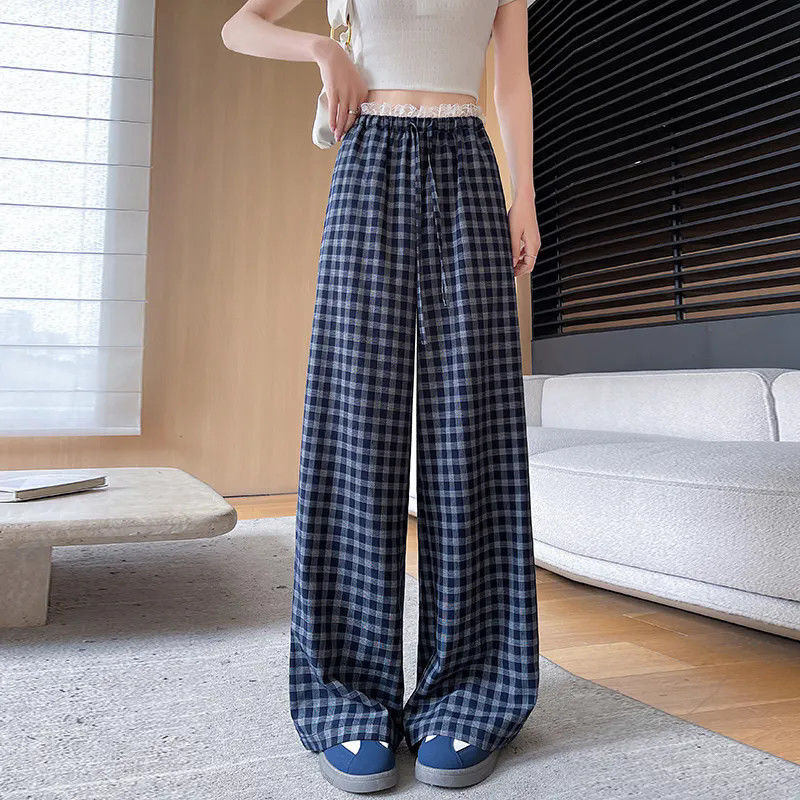 quần kẻ sọc ống rộng Quần kẻ caro ren patchwork mỏng 2025 mới rộng rãi kích thước lớn phong cách Hàn Quốc