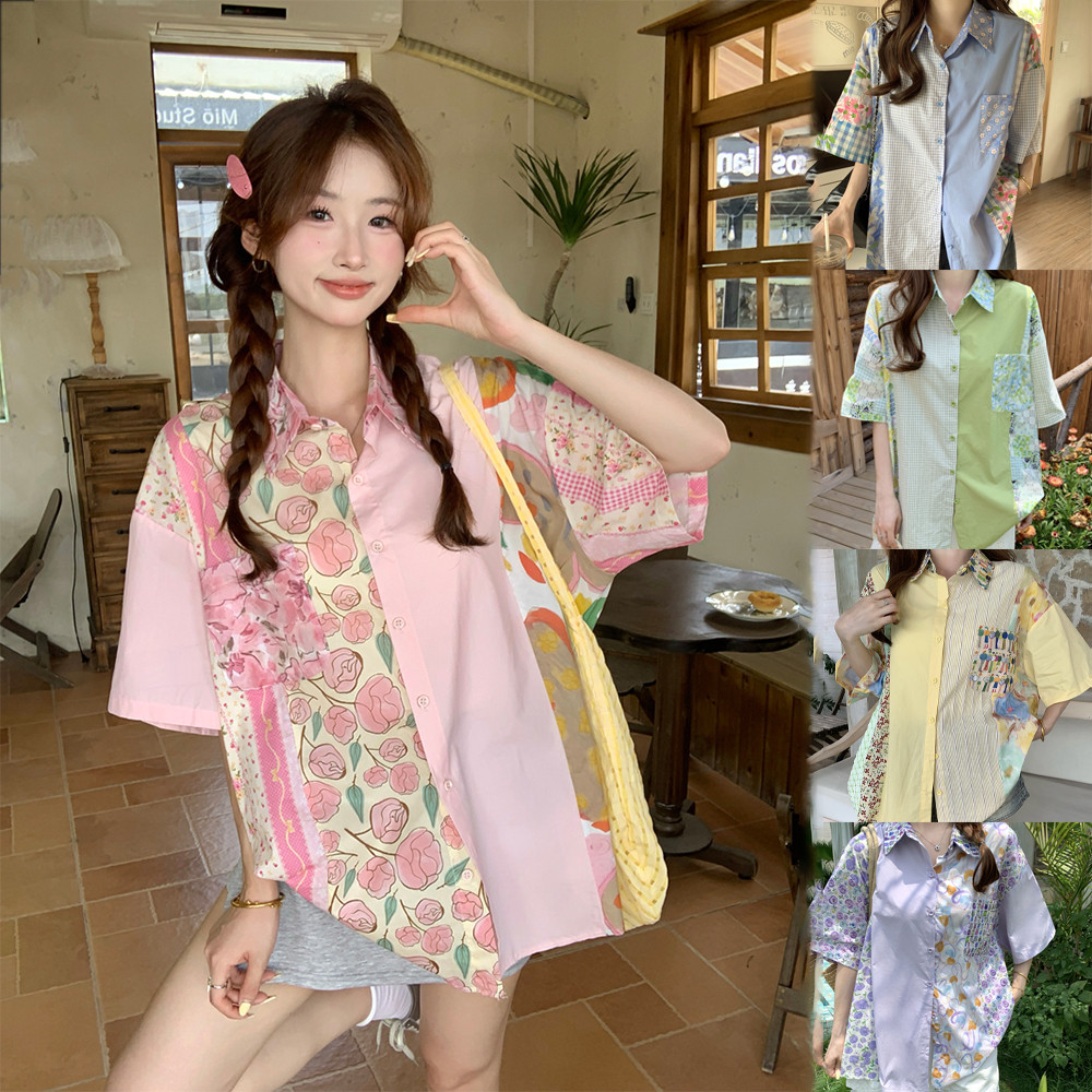SUXI Áo sơ mi in màu tương phản cổ điển mới dành cho nữ mùa hè 250516