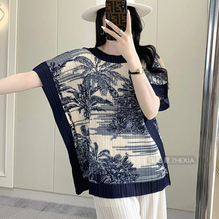 Miyake Xếp Ly Mùa Hè Màu-Blocking In Top Nữ Mùa Hè Phong Cách Mới Cao Cấp Rời Ôm Hơn Nhìn Nhỏ Ngày Lễ Áo Thun