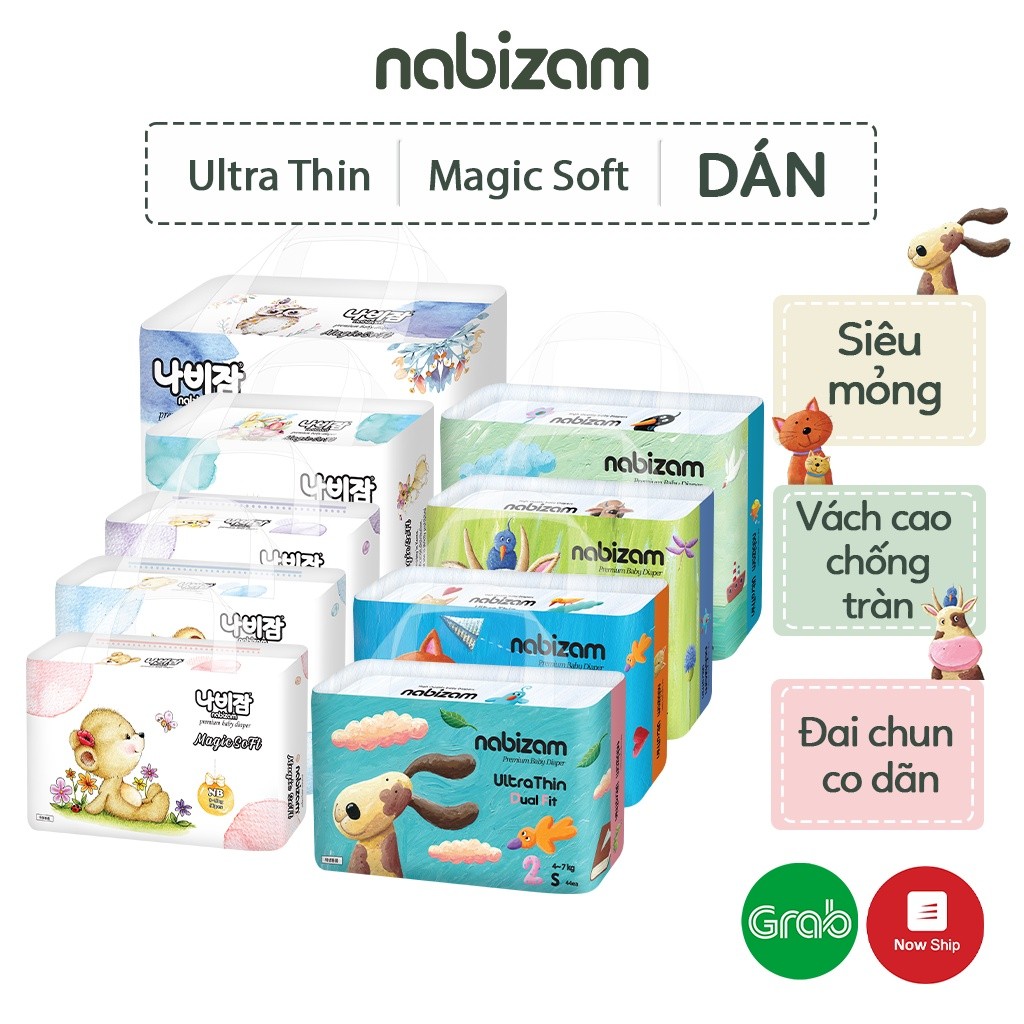 Ảnh Tã/Bỉm Dán NABIZAM Cao Cấp Mỏng Nhẹ, Khô Thoáng Chống Tràn Phù Hợp Dùng Ban Ngày, Đủ Size Từ 4-15kg, 32-50 Miếng/Bịch 1