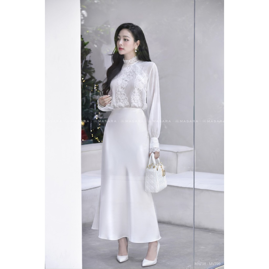 Chân váy nữ Masara form loe dài chất lụa trắng mềm mướt, có lót trong kín đáo MV799