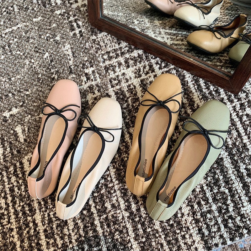 Bowknot Mùa Hè Pháp Slip-On Nữ Ngón Chân Vuông Đế Mềm Giày Ba Lê Đế Bằng Nữ Mặc Ngoài 24.12.11