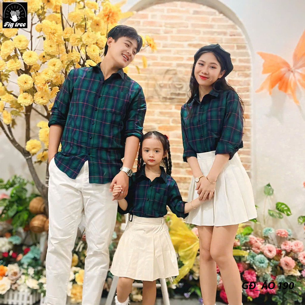 Set Áo Sơ Mi Đồng Phục Gia Đình Fig Tree Sọc Caro Xanh Noel MS 190