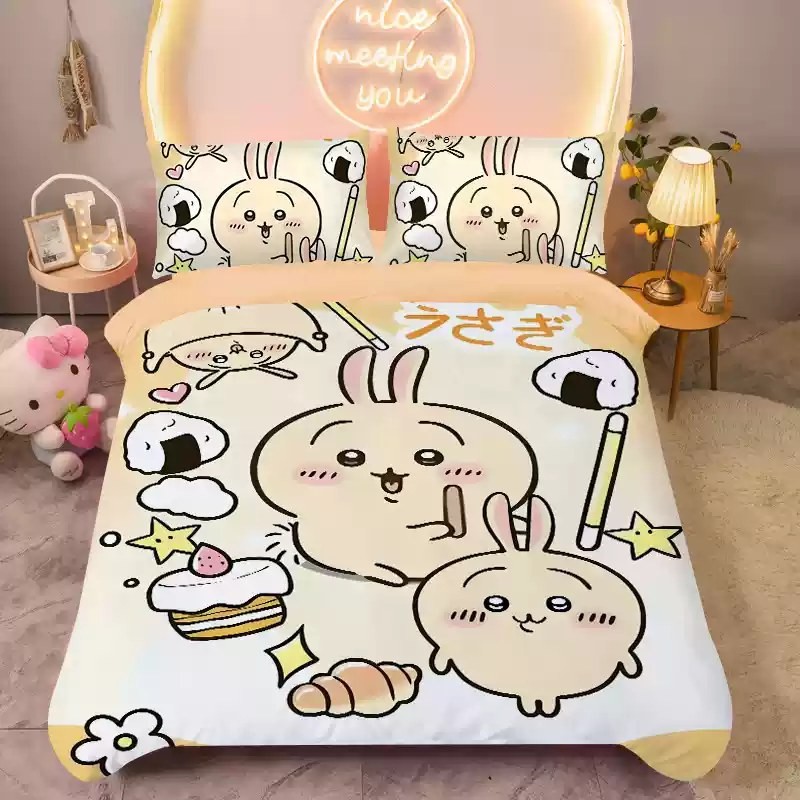 ST2 Chiikawa Usagi 3IN1 Ga trải giường Vỏ chăn gối Bộ chăn ga gối Phòng ngủ gia đình Bộ đồ hoạt hình có thể giặt được TS2
