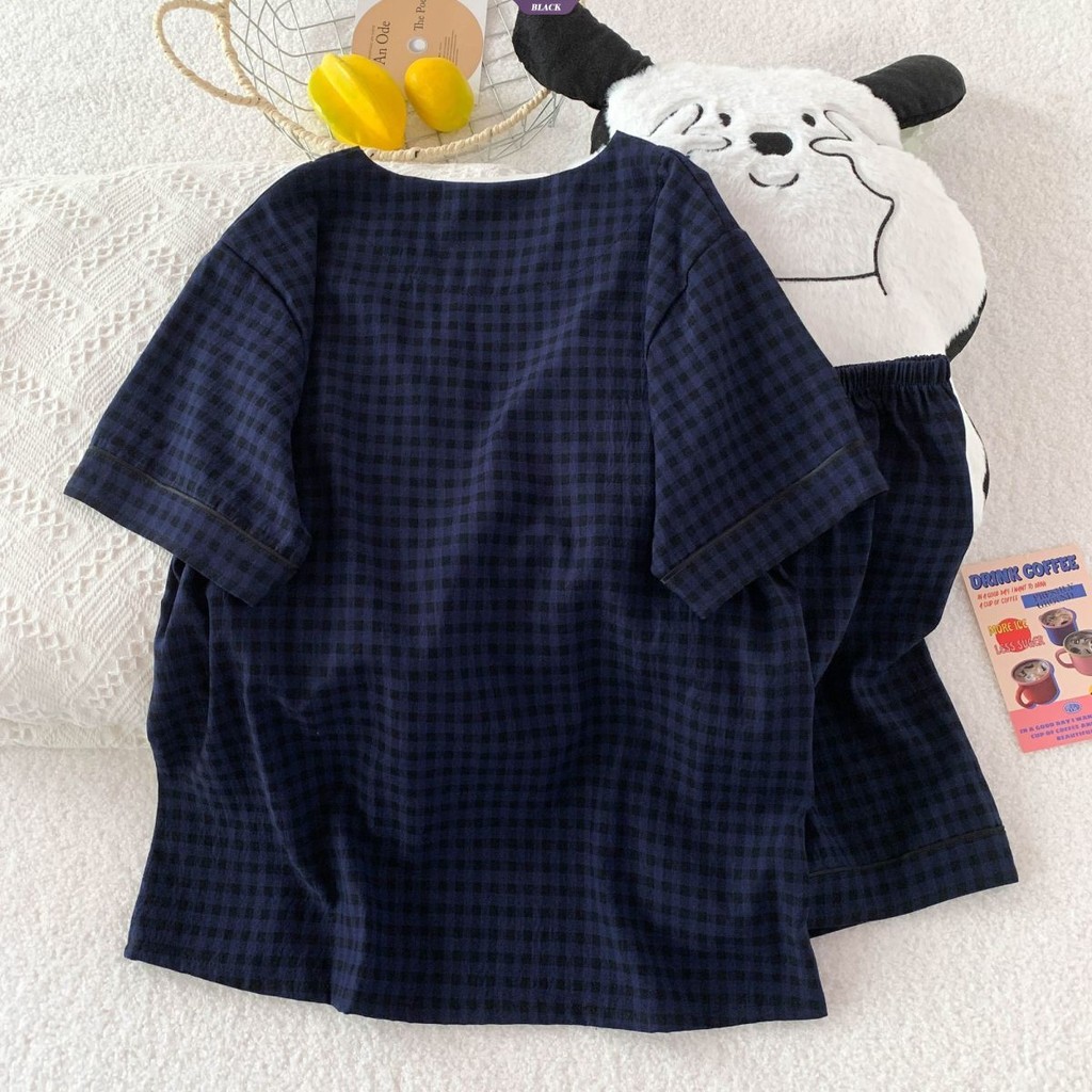 Bộ đồ ngủ cổ chữ V màu xanh đậm KT Cat Nữ mùa hè Phim hoạt hình ngọt ngào Quần Short ngắn tay Bộ đồ mặc nhà [BL]