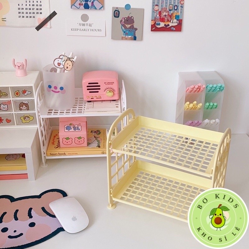 kệ nhựa mini 2 tầng để đồ gọn gàng, khay nhựa 2 tầng haki đựng đồ tiện lợi 4440