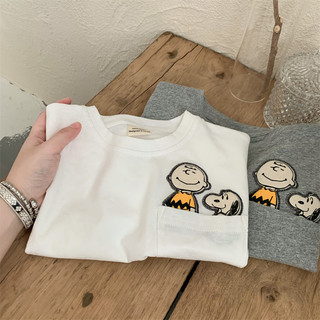 Áo thun cotton mùa hè cho trẻ em, tay ngắn sọc, in hình hoạt hình, có túi, thoải mái cho bé trai và bé gái