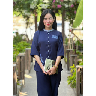 Lụa Hàn cổ trụ phối, set thời trang nữ đi chùa cao cấp