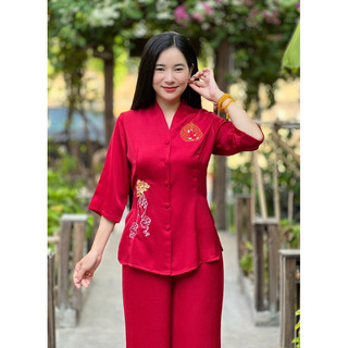 Set đồ lụa bà lai thêu bồ đề, thời trang nữ lụa đi chùa