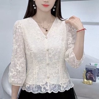 Phong Cách Hàn Quốc Nữ Ôm Eo Ren Thêu 3 / 4 Áo Sơ Mi Tay Áo