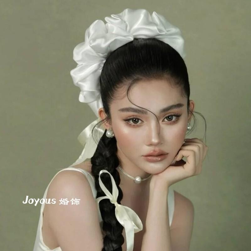 Mũ đội đầu cô dâu Phụ kiện đám cưới Retro Màu trắng khí quyển Bề mặt giả mạo Scrunchy Vòng tóc