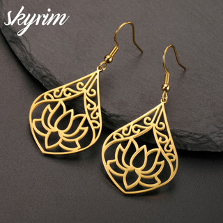 Skyrim Thép không gỉ Vàng Thả Bông Tai Nước Giọt Hình Hoa Sen Mặt Dây Chuyền Trang Sức Thanh Lịch