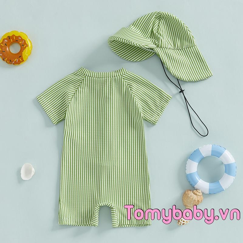 Bộ đồ bơi sọc cho bé trai tay ngắn nửa dây kéo Đồ bơi không đóng cọc + Bộ Sunhat