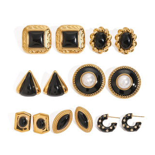 Châu Âu Mỹ ins Phong Cách Mới Thép Không Gỉ Dầu Nhỏ Giọt Đen Onyx Bông Tai Nữ