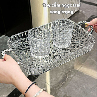 Khay Trà 2 Lớp Vân Kim Cương Trong Suốt ECO, Khay Úp Ly Cốc Để Bàn Tay Cầm Ngọc Trai Sang Trọng