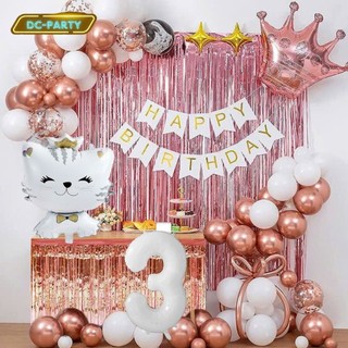 Set Bóng Trang Trí Sinh Nhật Tuổi Meo,tuổi Mão, thôi nôi, 12 con giáp cho bé gái - bé trai SNTE-RÈM HỒNG 3-MÈO TRẮNG